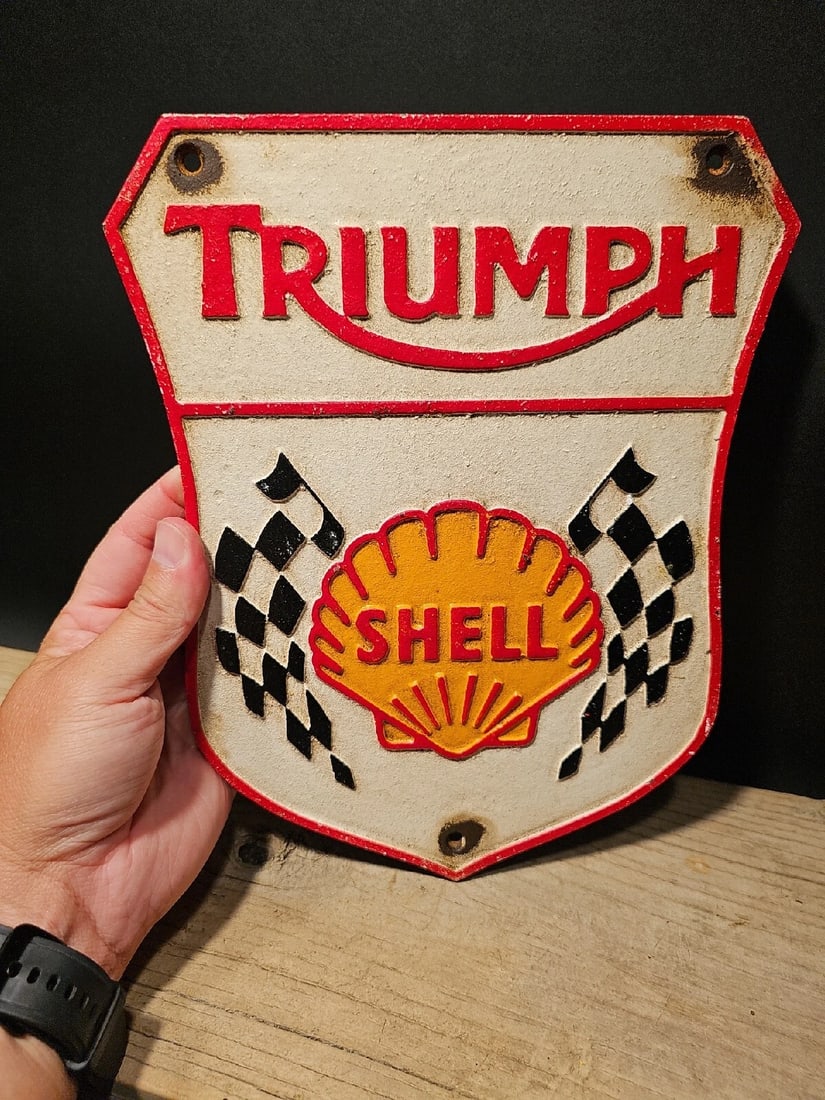 Cast Iron Triumph Shell Gas Oil Sign Plaque - 9