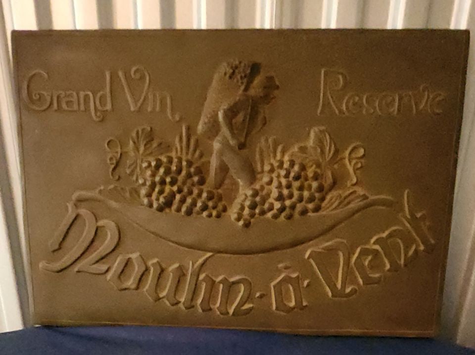 Vintage "Grand Vin Reserve"/ "Moulin-à-Vent," commemorative ceramic-resin wall plaque sign.: Title: Vintage "Grand Vin Reserve"/ "Moulin-à-Vent," commemorative ceramic-resin wall plaque sign. Description: Here is some background. Moulin-à-Vent is a wine region in the Beaujolais area