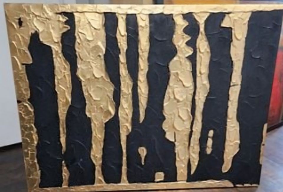 Striking Modernist 40x48 Abstract Painting w/ Vivid Gold and Black Impasto Design Elements: Title: Striking Modernist 40x48 Abstract Painting w/ Vivid Gold and Black Impasto Design Elements Description: Striking Modernist 40x48 Abstract Painting w/ Vivid Gold and Black Impasto Design Element