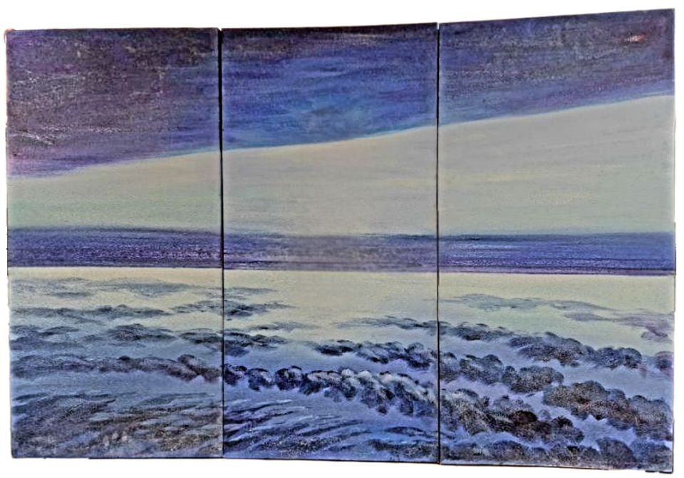 Mid-Century triptych (set of 3) companion oil paintings featuring beautiful impressionist seascape.: Title: Mid-Century triptych (set of 3) companion oil paintings featuring beautiful impressionist seascape. Description: Mid-Century triptych (set of 3) companion oil paintings featuring beautiful impr