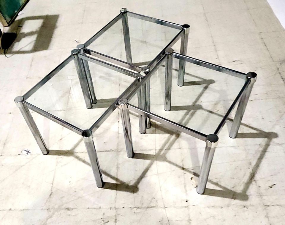 In the style of Milo Boughman, Mid-Century rare set of 3 Designer Glass and Chrome Nesting Tables: Title: In the style of Milo Boughman, Mid-Century rare set of 3 Designer Glass and Chrome Nesting Tables Description: In the style of Milo Boughman, Mid-Century rare set of 3 Designer Glass and Chrome