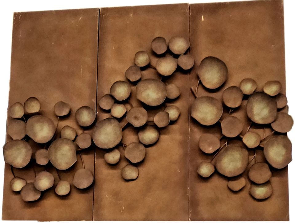 Vintage 30"x 36" Brutalist 3-Panel Wall Sculpture w/ rust patina and relief image of Lilly Pads.: Title: Vintage 30"x 36" Brutalist 3-Panel Wall Sculpture w/ rust patina and relief image of Lilly Pads. Description: Any wear and tear with respect to some scuffs an scratches is consistent with age.