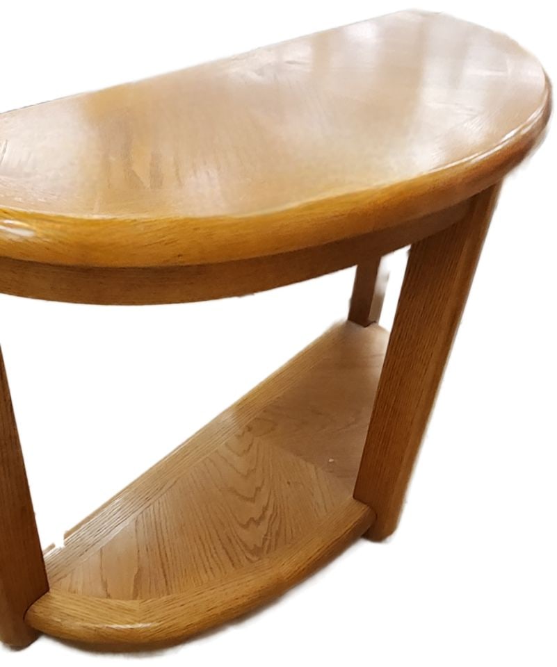 Boldly designed vintage mid-century modern half-moon solid oak console table w/ country influence: Title: Boldly designed vintage mid-century modern half-moon solid oak console table w/ country influence Description: Boldly designed vintage mid-century modern half-moon solid oak console table w/ co