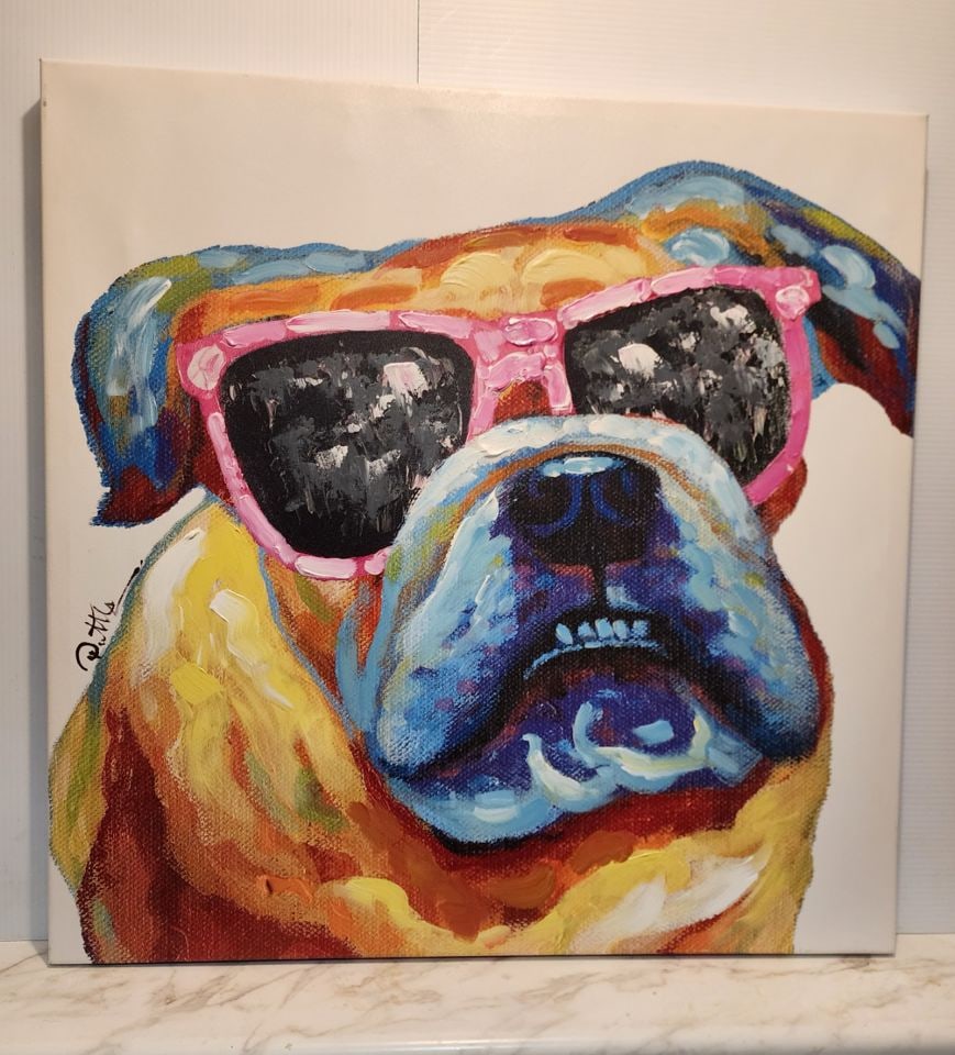 Modernist pop art giclee oil painting a bulldog going Hollywood: Title: Modernist pop art giclee oil painting a bulldog going Hollywood Description: Modernist pop art giclee oil painting a bulldog going Hollywood Please note that this lot has a confidential reserve
