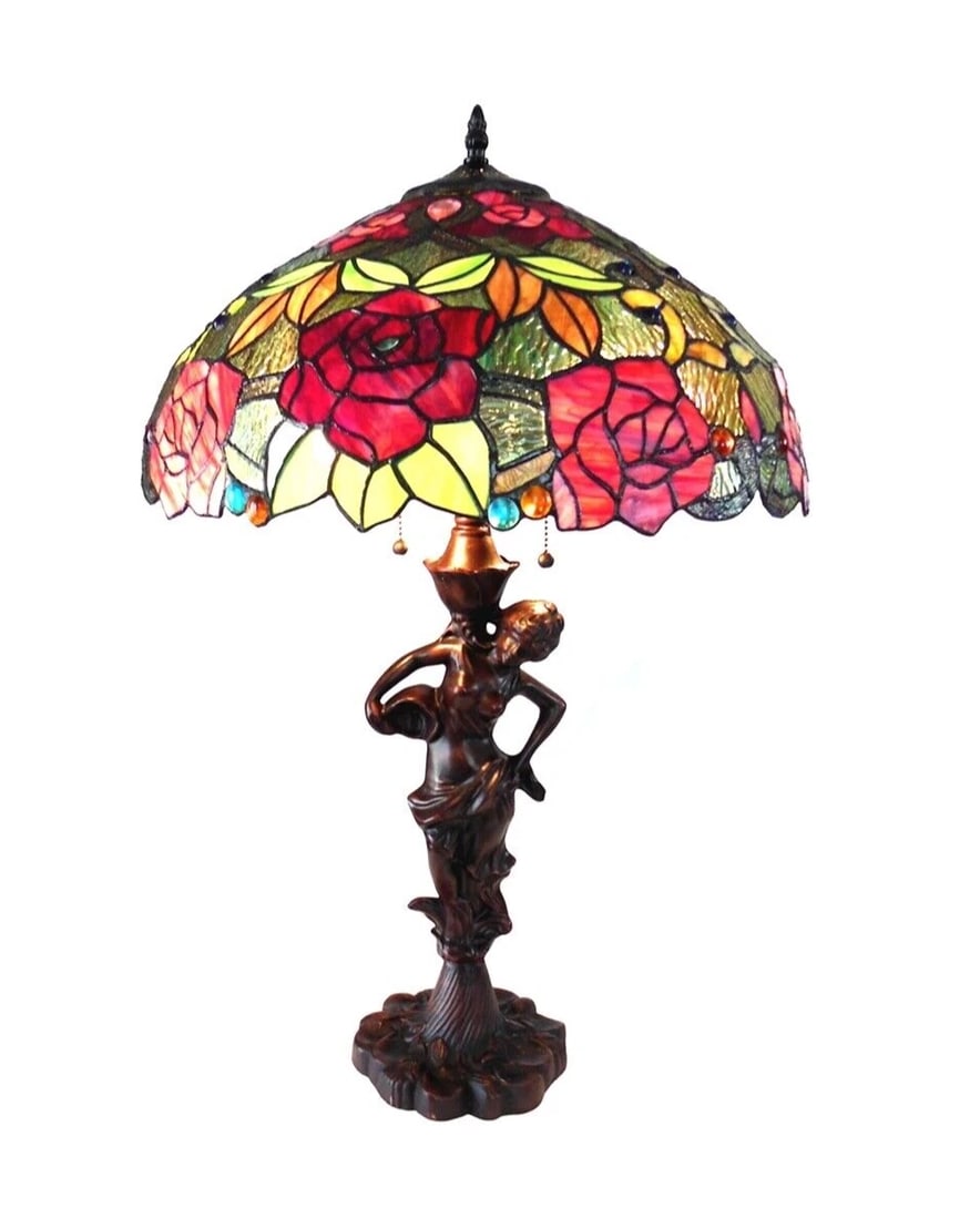 27" Stained Glass Pull chain Table Lamp Statue Base: 27" Tall 18" Wide Illuminate your space with the timeless beauty of our reproduction stained glass table Lamp. This exquisite lamp features a hand-made stained glass shade. These captivating reproduct