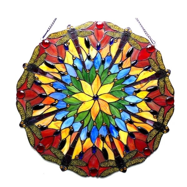 24" Glass Dragonfly Window Hanging Panel Suncatcher: Description 24" Wide 24" Reproduction Dragonfly Tiffany-Style Stained Glass Window Panel – Handcrafted Art Glass This 24-inch round stained glass window panel is crafted in the classic Tiffany
