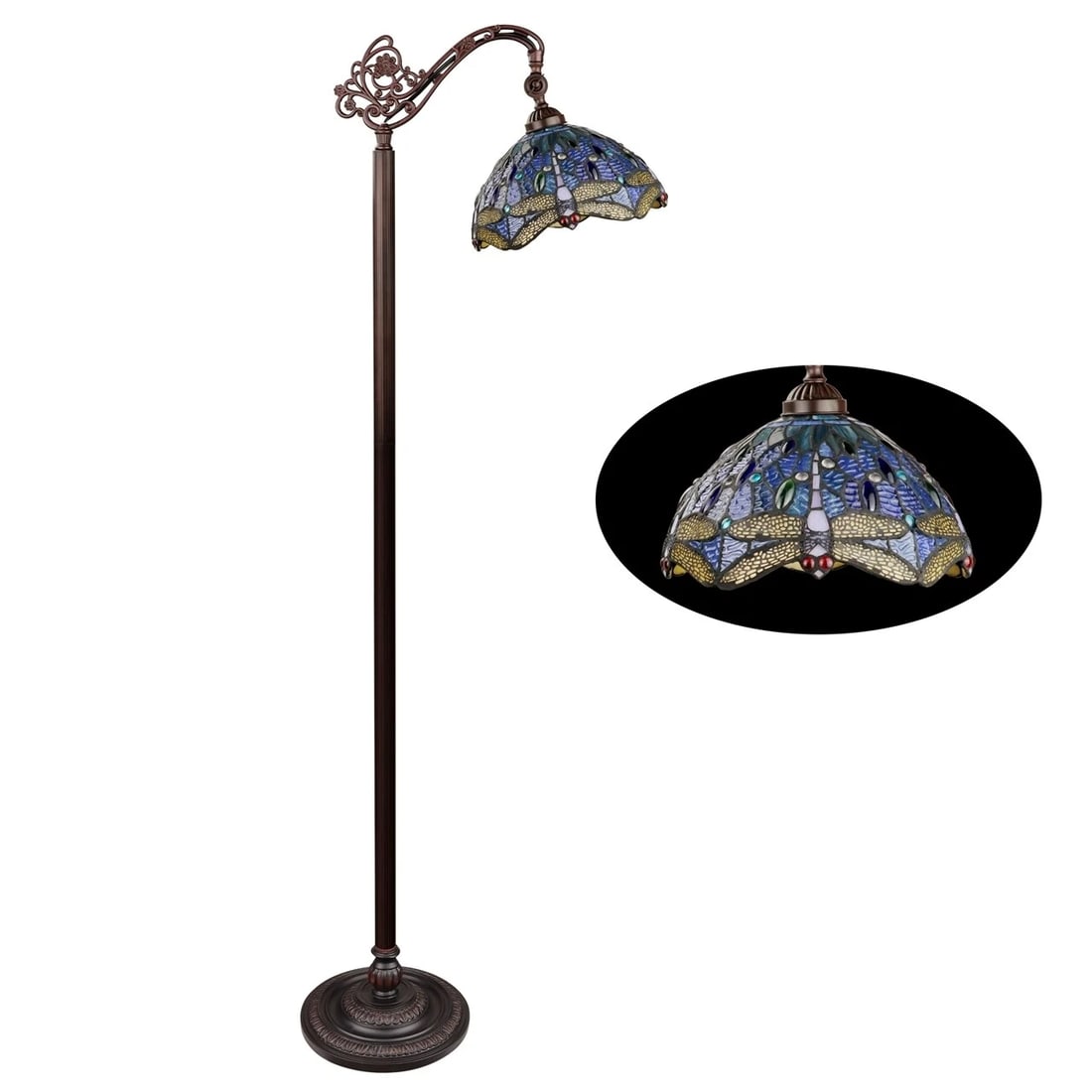 61.9" Stained Glass Dragonfly Reading Floor Lamp: 61.4" Tall 11.1" Wide shade LED bulbs will give more output and not exceed 100w (1) 100 Watt max E26 Type A Introducing our modern reproduction hand-crafted reading floor lamp, designed to emulate