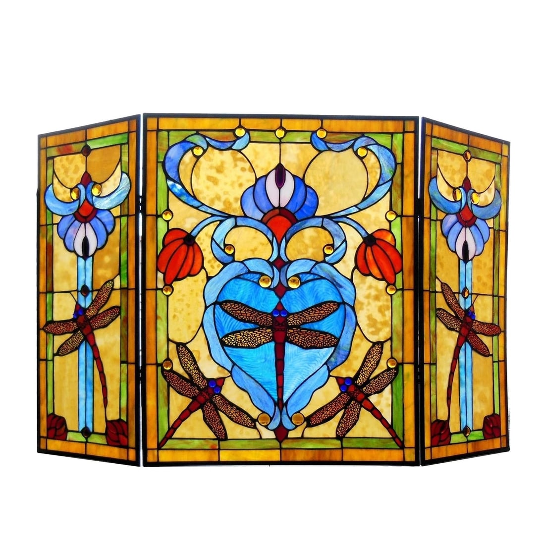 44" Folding Dragonfly Stained Glass Fireplace Screen - 2