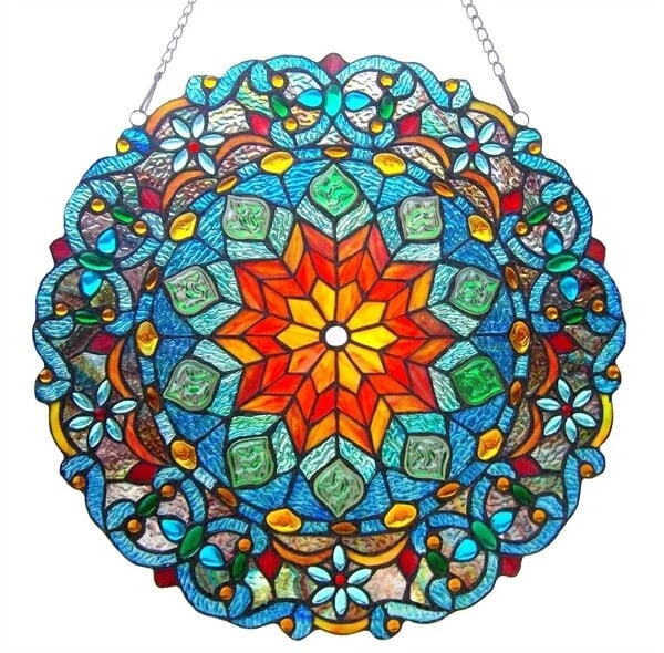 20" Round Stained Glass Window Hanging Panel Suncatcher: Description 21" Wide Such a wonderful reproduction stained glass window panel. This panel is a true testament to the beauty and craftsmanship of stained glass art, and it is the perfect addition to an