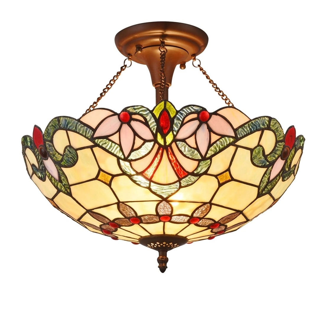 15.7" Stained Glass Semi Flush Ceiling Uplight: (2) 60 Watt Max 15.7" Wide x 13.8" Height Wonderful reproduction stained glass ceiling light! All handmade glass and metal. Certain to add a flash of style to any room. The technique used to make