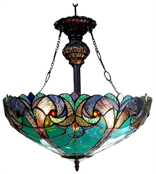 18" Stained Glass Semi Flush Ceiling Uplight Inverted Pendant: Wonderful inverted pendant that accommodates (2) 60 Watt max E26 Type A bulbs (not included) to provide warm and inviting illumination. It weights 7.7 lbs, an overall width of 18", height of 22" max