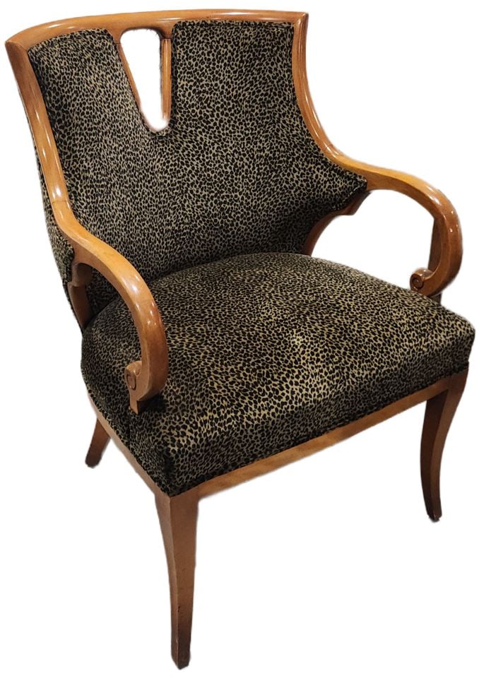 Vintage Leopard Pattern Designer Accent Side Chair w/ Sculptural Metal Cutout: Title: Vintage Leopard Pattern Designer Accent Side Chair w/ Sculptural Metal Cutout Description: This rare perhaps custom-made accent chair is distinguished by its leopard print upholstery and glossy
