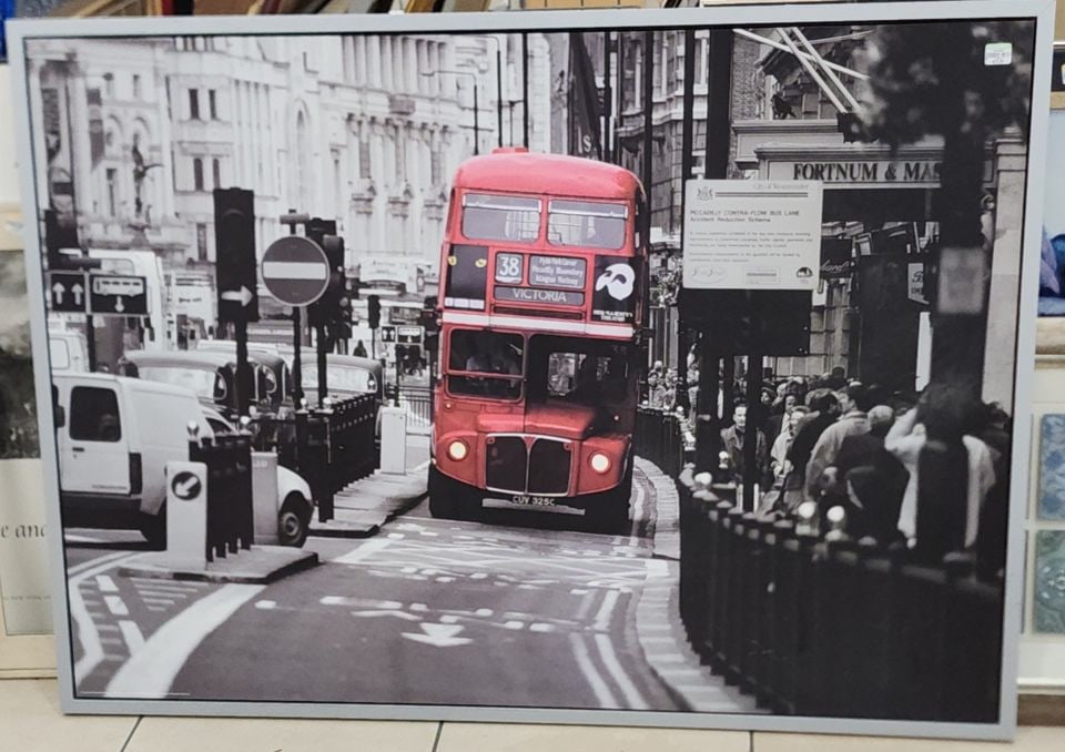 Vintage 4x6' framed photo of iconic Routemaster double decker bus on London Street. Made in Poland: Title: Vintage 4x6' framed photo of iconic Routemaster double decker bus on London Street. Made in Poland Description: The image displays a framed art print have a photograph featuring an iconic Londo