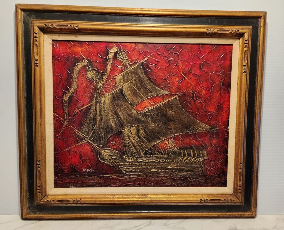 Danton mid-century impressionist oil painting depicting a golden pirate ship against the backdrop of: Title: Danton mid-century impressionist oil painting depicting a golden pirate ship against the backdrop of an incredible Red Sky Description: Danton mid-century impressionist oil painting depicting a
