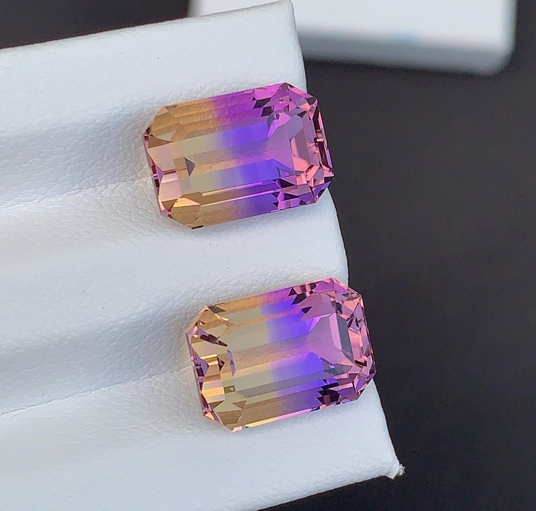 Emerald Cut Bolivian Ametrine Gemstone Pair: 11.90 CT, Royal Purple/Mango Yellow - 4