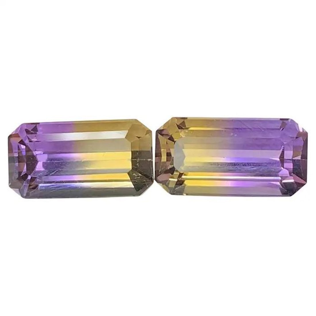 Emerald Cut Bolivian Ametrine Gemstone Pair: 11.30 CT, Royal Purple/Mango Yellow