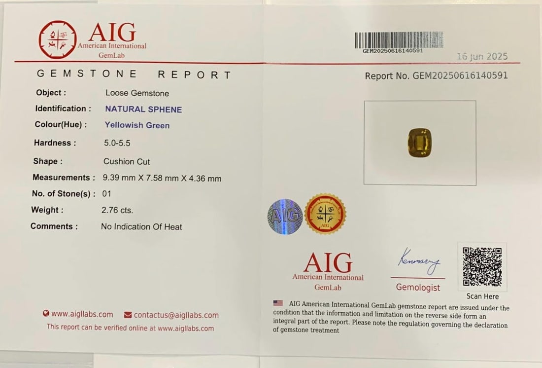 AIG Certified Lustrous Sphene Gemstone: Yellow/Green Cushion Cut, 2.76 Carat - 2