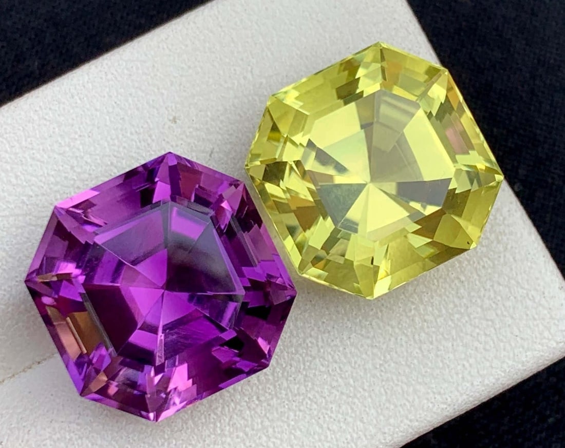 Amethyst and Citrine Gemstone Pair: Fancy Asscher Cut, 30 Carat: Title: Amethyst and Citrine Gemstone Pair: Fancy Asscher Cut, 30 Carat Description: Supplies for making crafts Materials: Gemstone: Amethyst Carat weight: 30.00