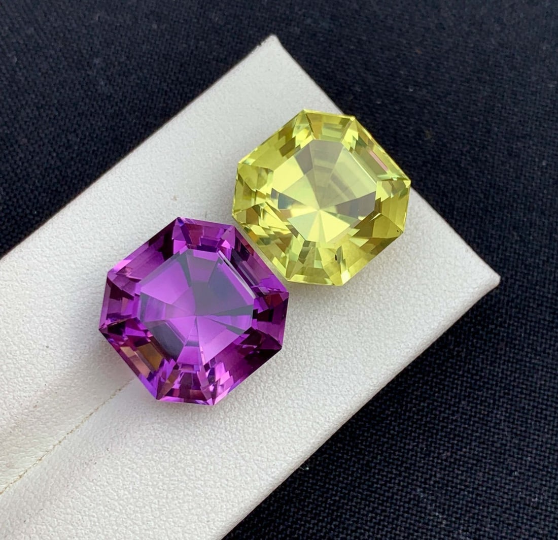 Amethyst and Citrine Gemstone Pair: Fancy Asscher Cut, 30 Carat - 2
