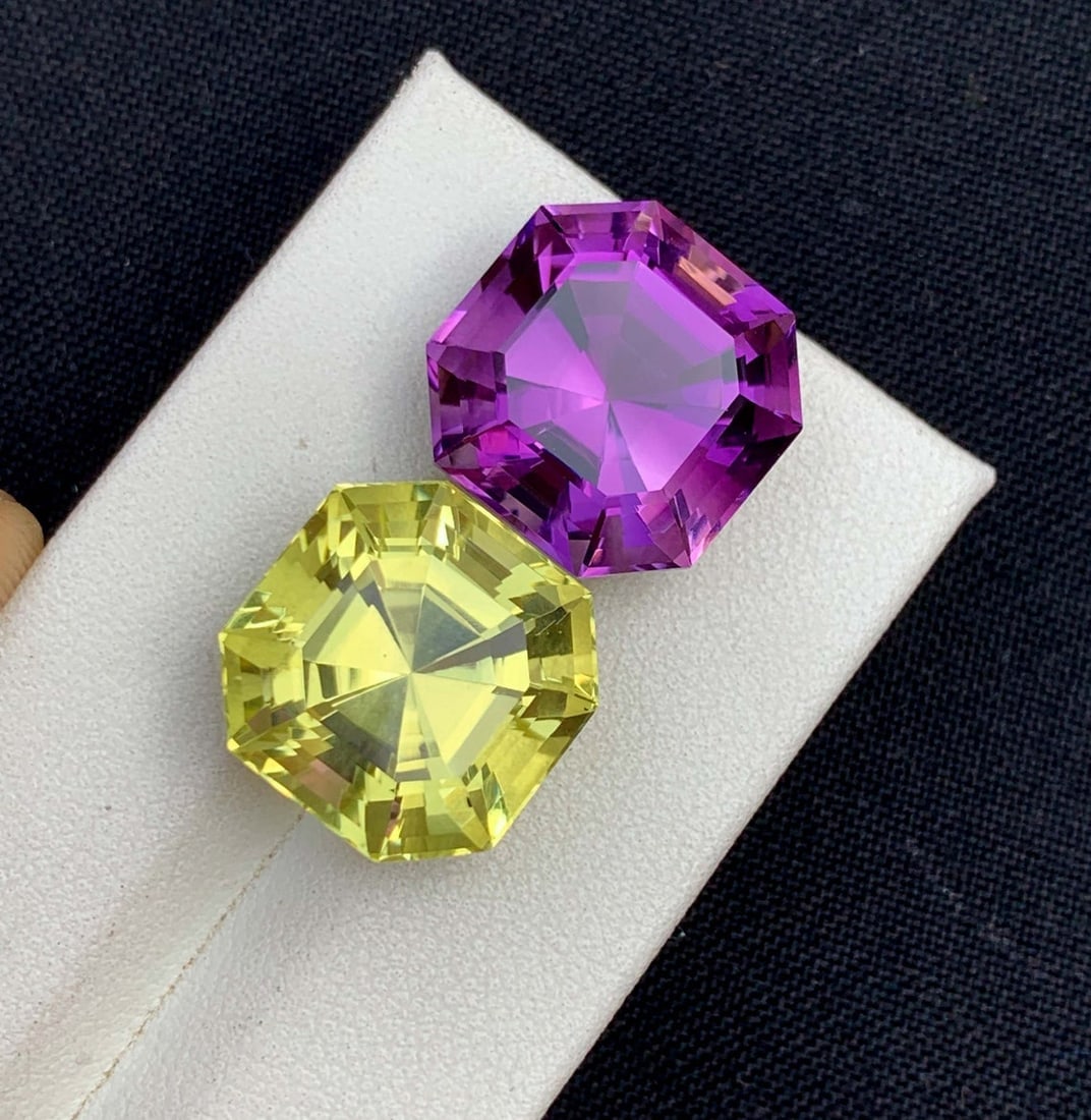 Amethyst and Citrine Gemstone Pair: Fancy Asscher Cut, 30 Carat - 3