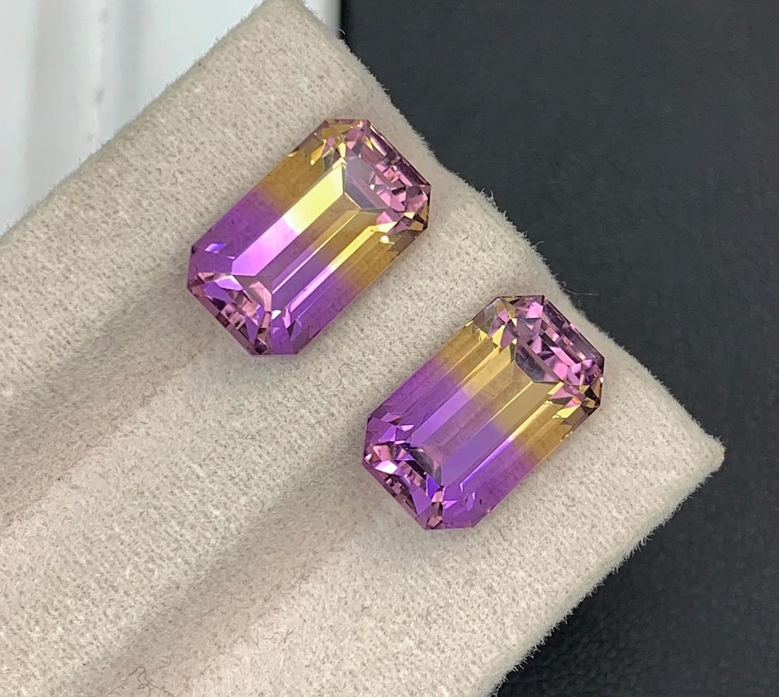 Emerald Cut Bolivian Ametrine Gemstone Pair: 10.10 CT, Royal Purple/Mango Yellow - 3