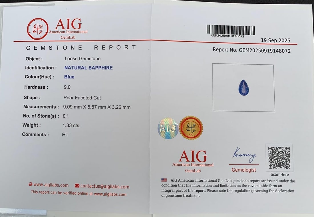 AIG Certified Faceted Blue Sapphire: 1.33 Carat Pear Cut Gemstone - 2