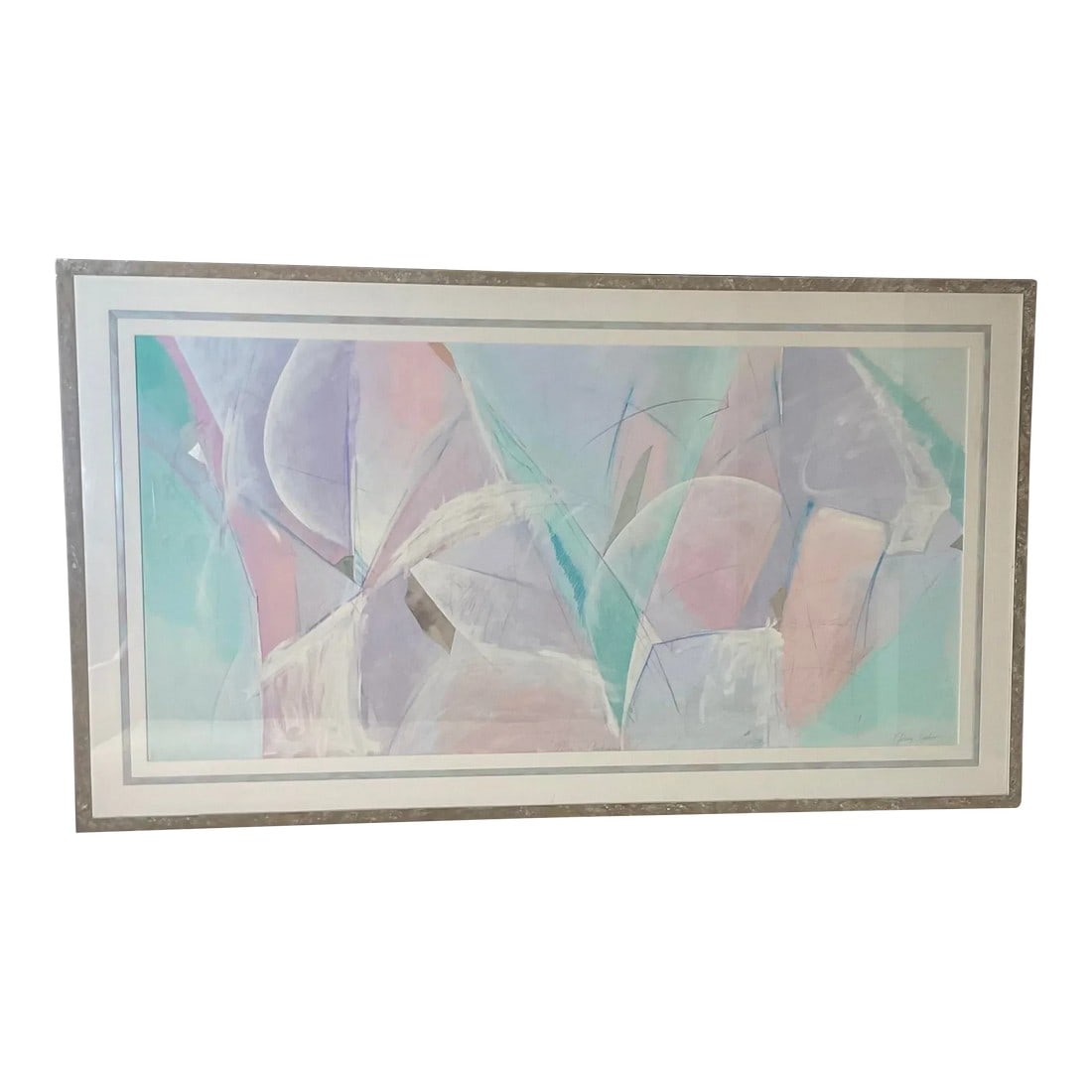 Anthony Pettera "May in Amphibious" 1989: A LARGE framed under acrylic original abstract Mixed Media by American artist Anthony Pettera. Art work done in beautiful pastel colors, with a silver textured frame. Numbered in left corner 1/1,
