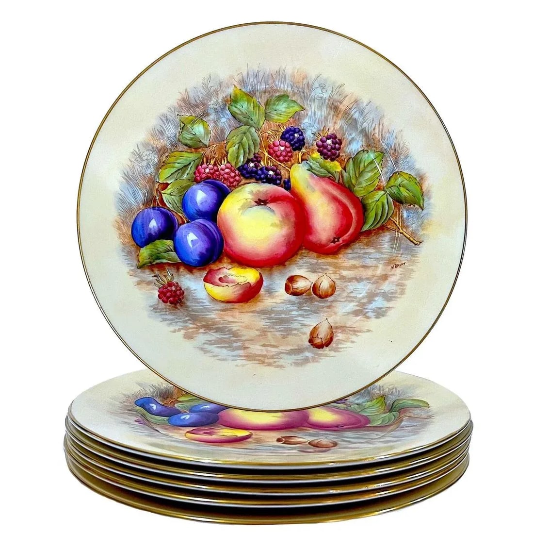 Aynsley Orchard Fruit Gold Dinner Plates - Hand-Painted - Set of Six - 10