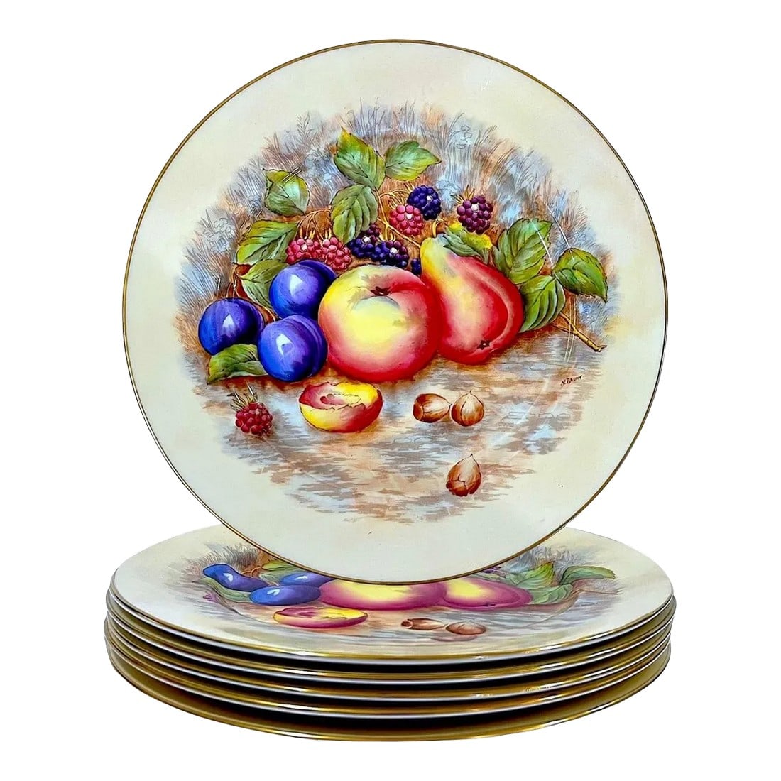 Aynsley Orchard Fruit Gold Dinner Plates - Hand-Painted - Set of Six (1 of 10)