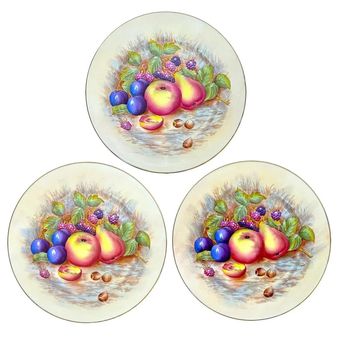 Aynsley Orchard Fruit Gold Dinner Plates - Hand-Painted - Set of Six - 6