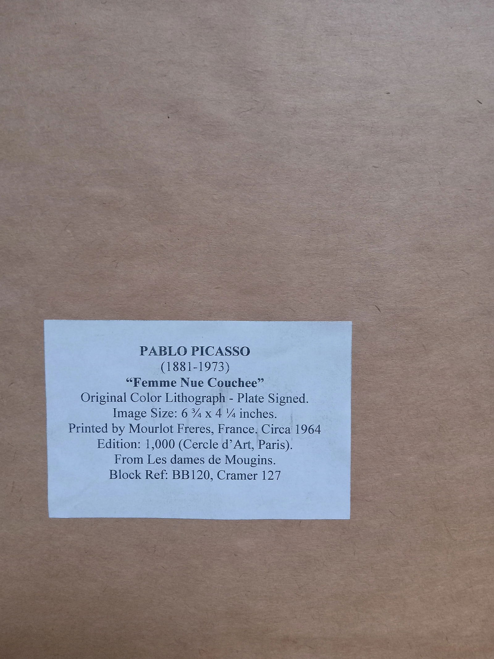 Picasso Original 1964 "Femme Nue Couchee." Lithograph. Edition: 1,000 - 8