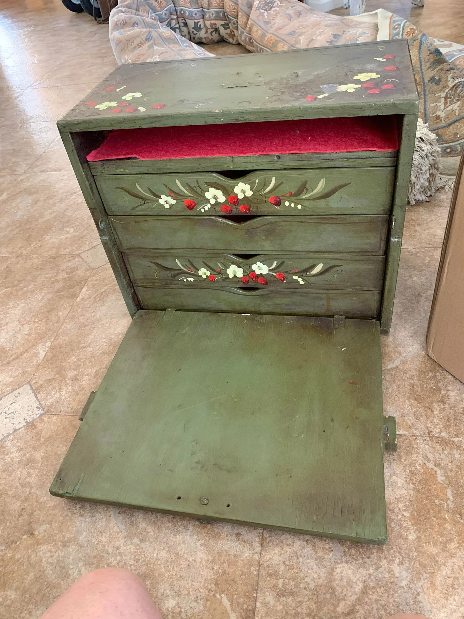 Vintage Repurposed Metal & Wood Military Box - Green Floral Box of Drawers Signed - 3