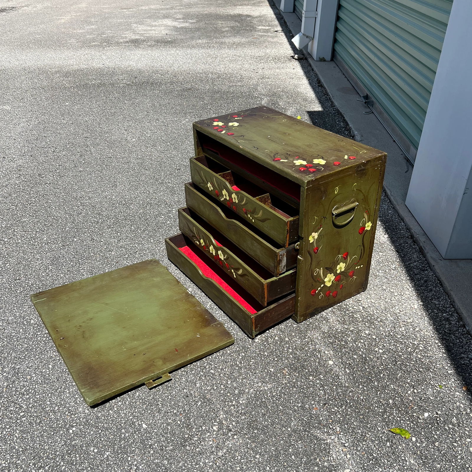 Vintage Repurposed Metal & Wood Military Box - Green Floral Box of Drawers Signed - 5