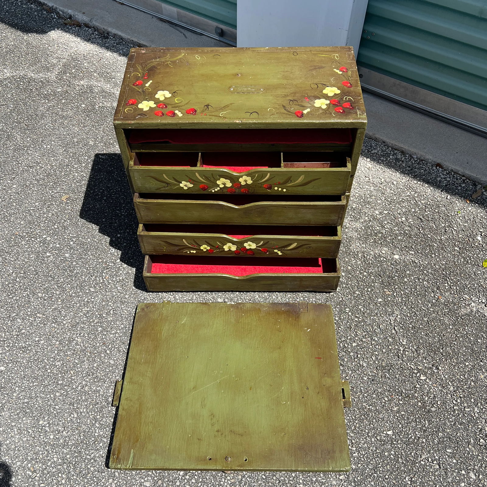 Vintage Repurposed Metal & Wood Military Box - Green Floral Box of Drawers Signed - 6