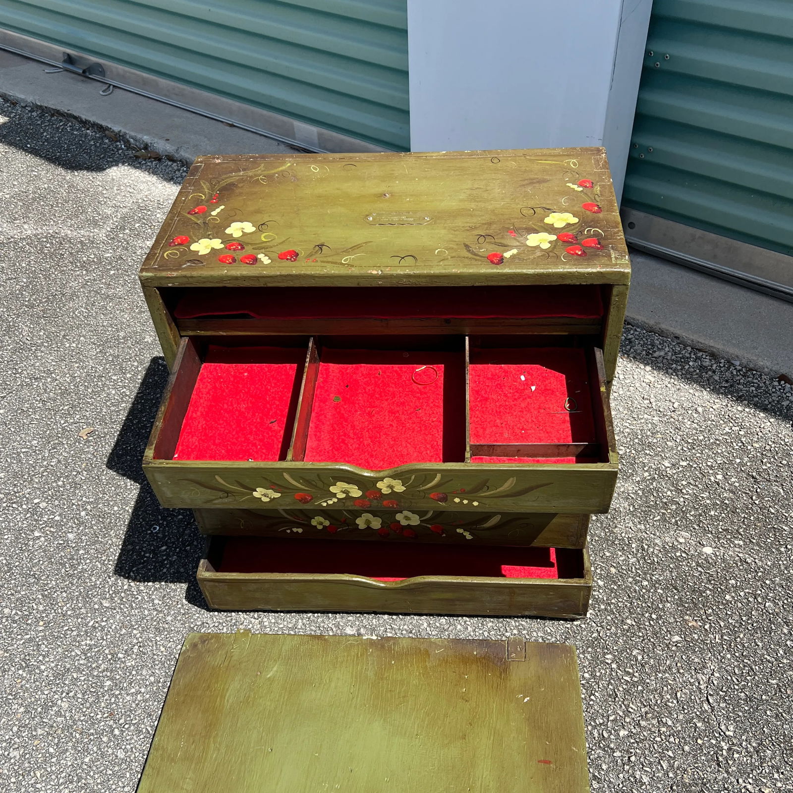 Vintage Repurposed Metal & Wood Military Box - Green Floral Box of Drawers Signed - 7