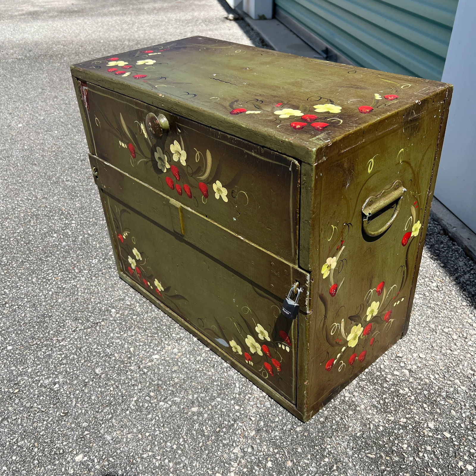 Vintage Repurposed Metal & Wood Military Box - Green Floral Box of Drawers Signed - 8