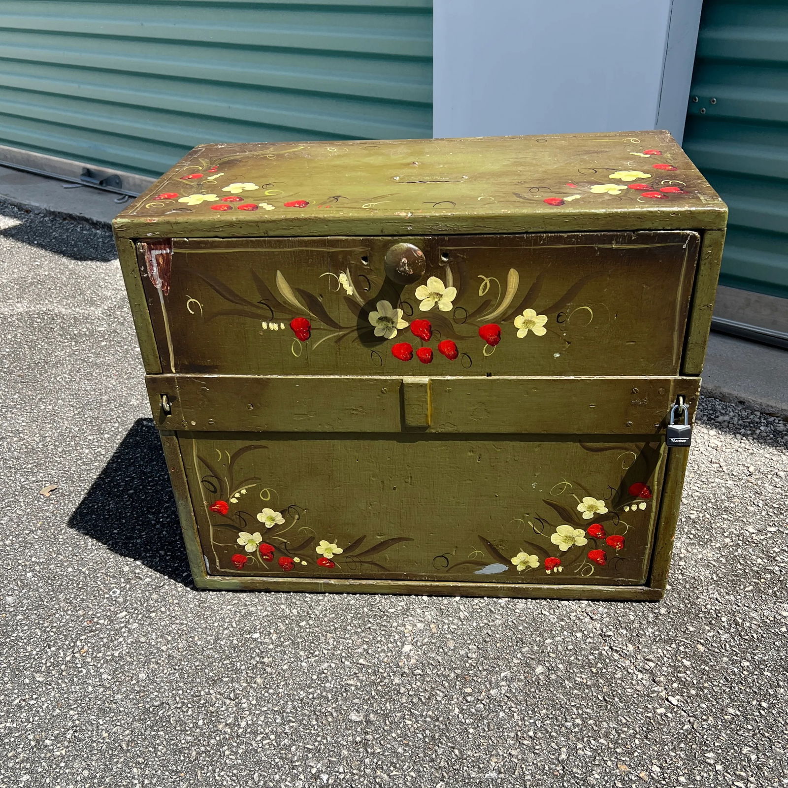 Vintage Repurposed Metal & Wood Military Box - Green Floral Box of Drawers Signed - 9