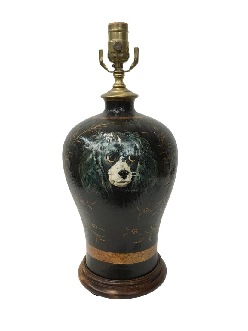 1960s English Traditional Hand Painted Porcelain Vase Table Lamp: Dog portraiture has been popular since renaissance times,especially since pets can be considered members of family. This dog portraiture lamp showcases dog portraiture at its finest, painted on this