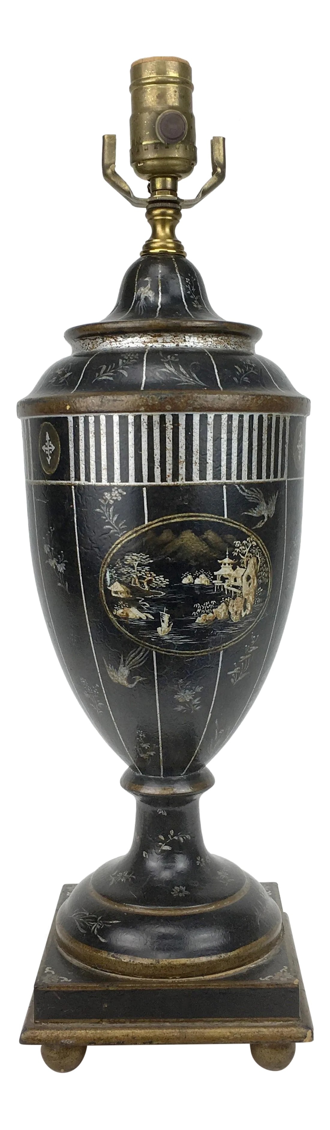 1980s Vintage Chelsea Classic Chinoserie Urn Lamp by Brunschwig & Fils: This is a darkly finished Chelsea urn lamp with a painted pagoda scene. The piece is from the 1980s. Condition: Alterations: Original Condition Unaltered Imperfections: Some Imperfections Condition