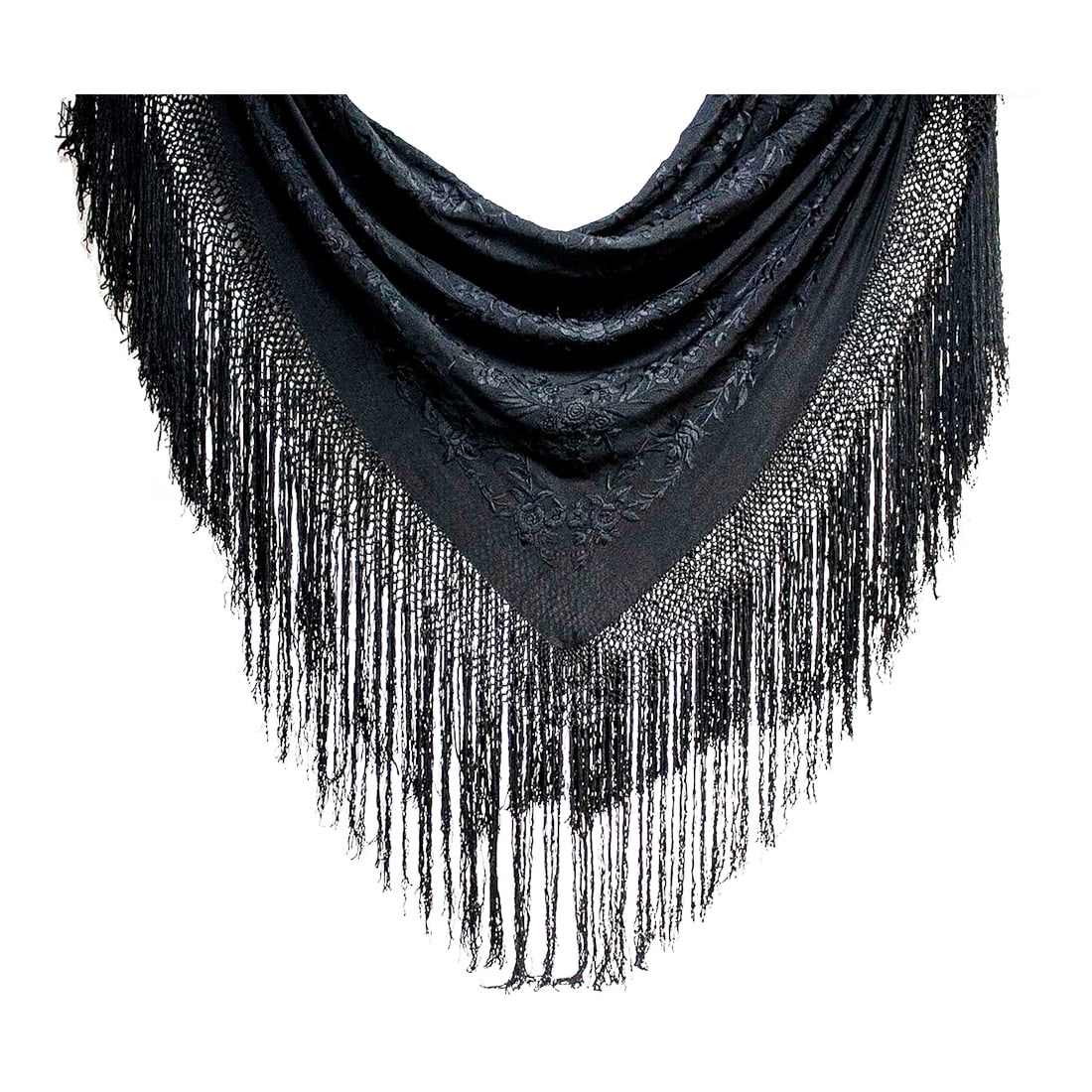 Antique Flaminco Fringed Piano Shawl Midnight Black - Outstanding: Antique silk fringed piano shawl. This Chinese silk shawl is outstanding in every way. It is large, the fabric is heavy, the crochet border is beautiful with a 10" fringe. Well preserved, no