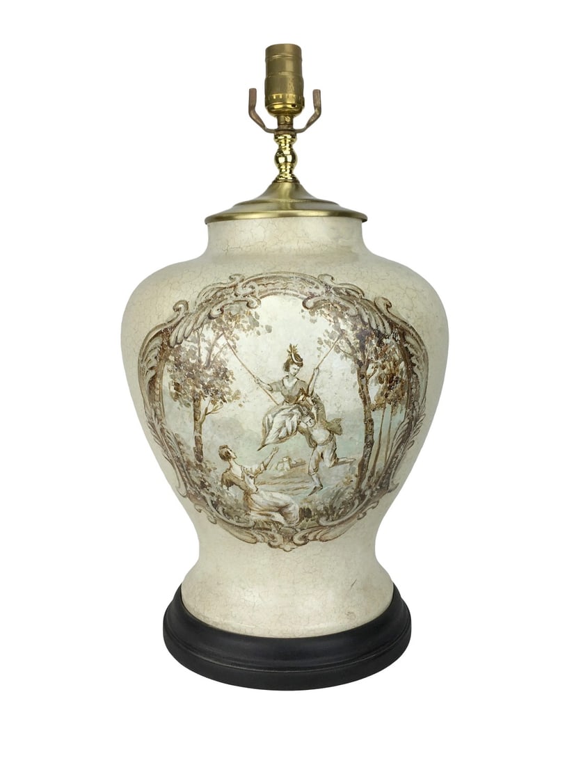 20th Century French Hand-Painted Table Lamp: Inspired by the famous french painter Jean-Honore Fragonard, this lamp gives a classic french painting feeling. Condition: Imperfections: Some Imperfections Condition Notes: In good condition with