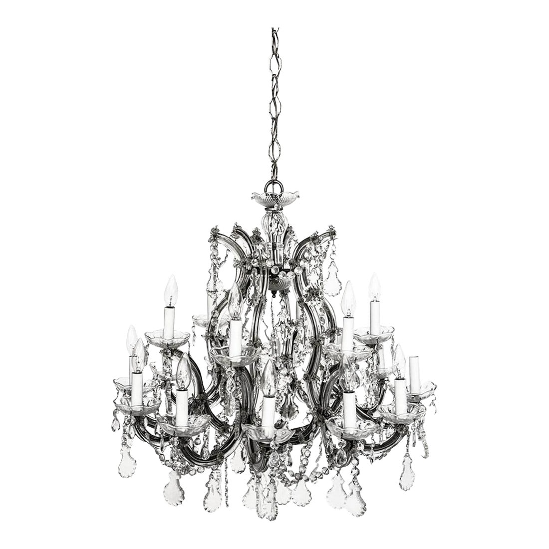Large Mid-Century Crystal Chandelier Six Glass Branches Glass Bobeches: Vintage crystal chandelier with 6 glass arms laden with crystal prisms. glass bobeces (candle drips) under each light) adding to the sparkle. The first photo was taken indoors against a white