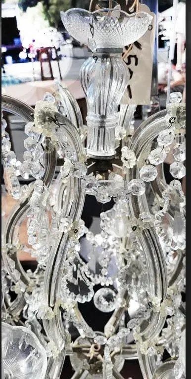 Large Mid-Century Crystal Chandelier Six Glass Branches Glass Bobeches - 6