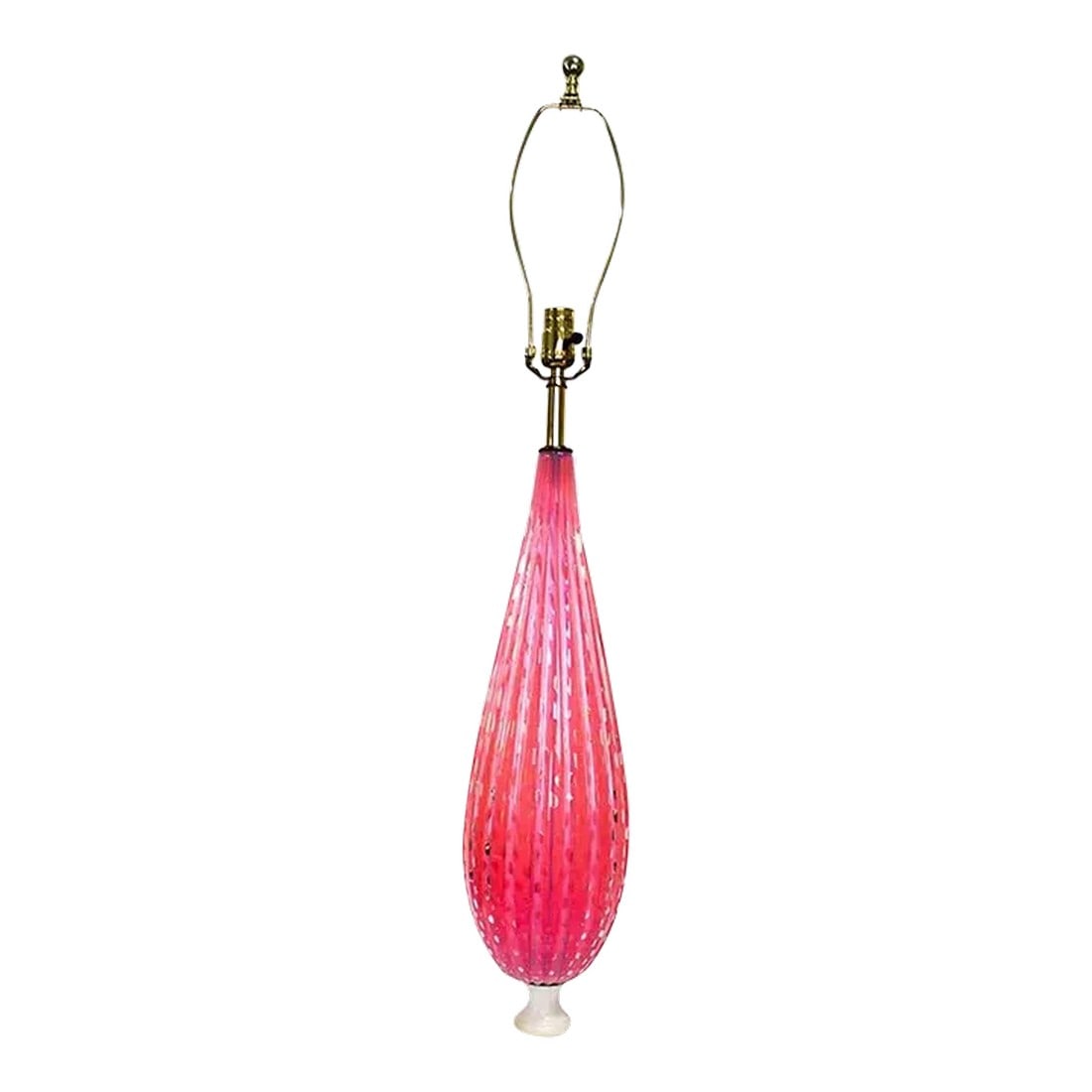 Tall Mid-Century Murano Pink Lamp - Marble Base: Stunning mid-century Murano lamp. Vibrant pink glass on white marble base. Long cord with secondary switch for convenience. 35" to top of socket, 45" to top of finial, base 6" square,