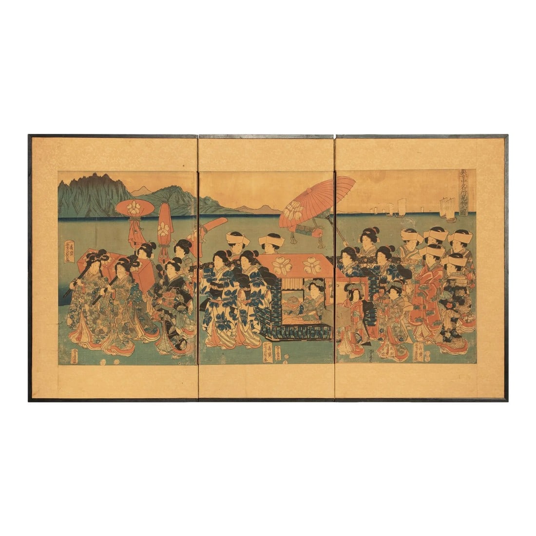 Edo to Meiji Era Utagawa Kunisada Woodblock Print Triptych Byobu Screen C. 1850s: Excellent Edo to Early Meiji Era Japanese 3-panel folding screen (byobu), made of original woodblock print triptych by Utagawa Kunisada. Each woodblock print is signed. Ink on paper. Silk border. Lacq