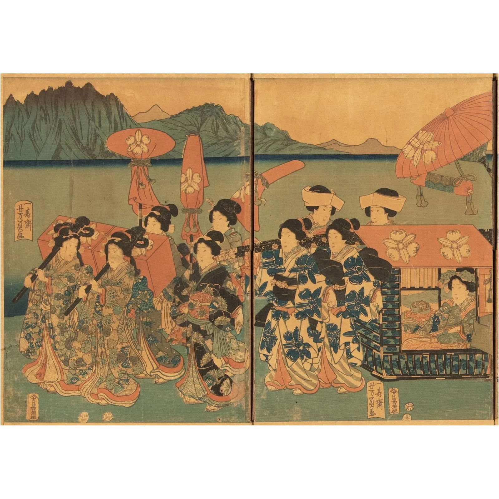 Edo to Meiji Era Utagawa Kunisada Woodblock Print Triptych Byobu Screen C. 1850s - 2