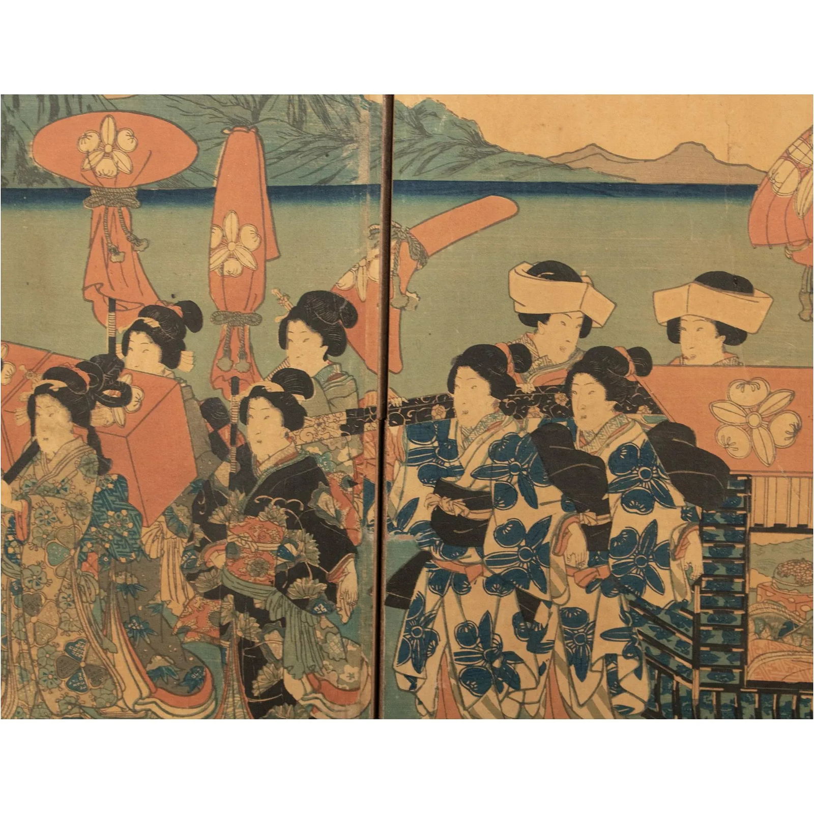Edo to Meiji Era Utagawa Kunisada Woodblock Print Triptych Byobu Screen C. 1850s - 4