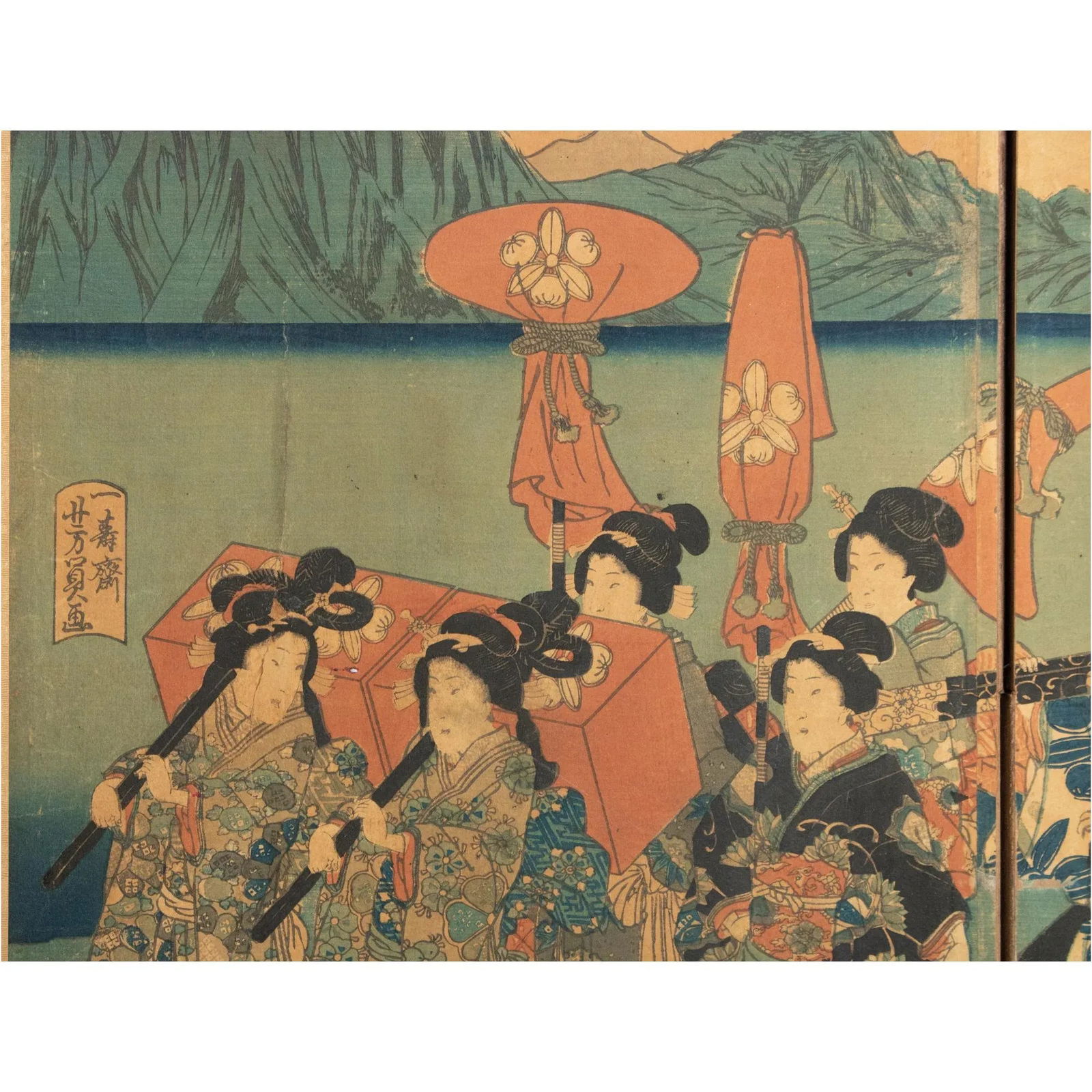 Edo to Meiji Era Utagawa Kunisada Woodblock Print Triptych Byobu Screen C. 1850s - 5
