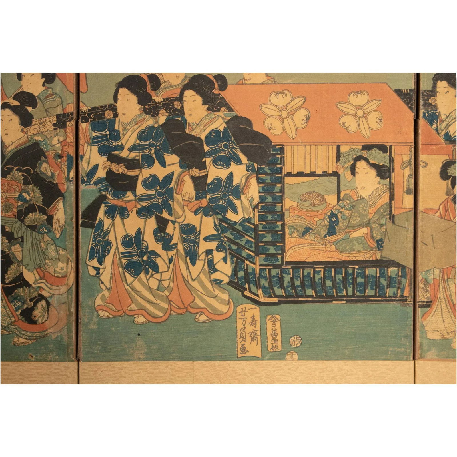 Edo to Meiji Era Utagawa Kunisada Woodblock Print Triptych Byobu Screen C. 1850s - 7