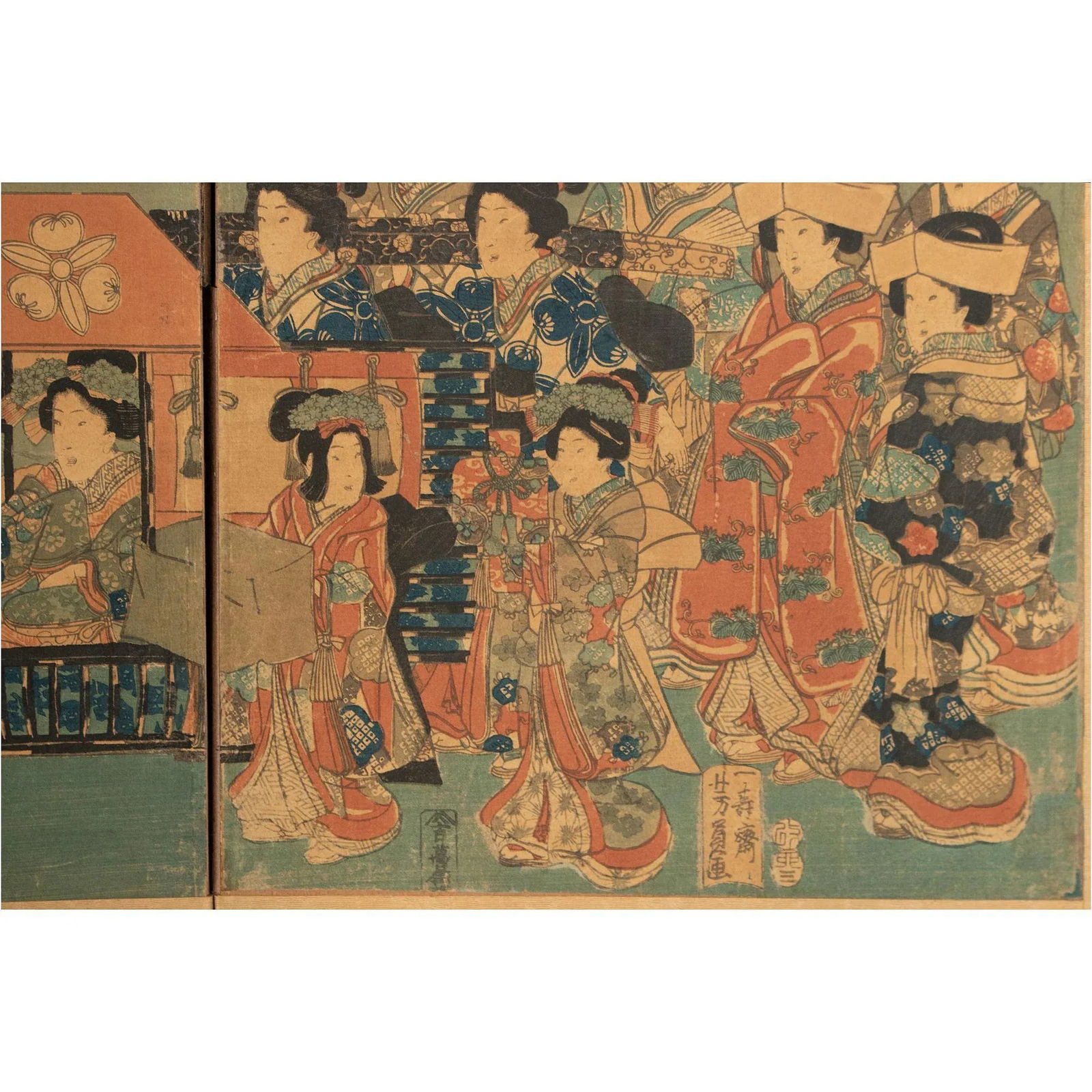 Edo to Meiji Era Utagawa Kunisada Woodblock Print Triptych Byobu Screen C. 1850s - 8